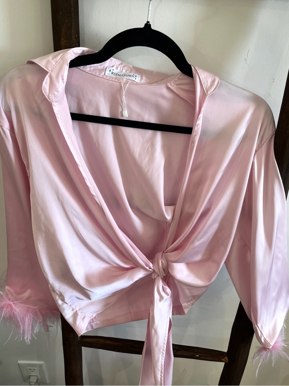 Rumours Pink Satin Tie-Front Blouse with Feather Cuffs